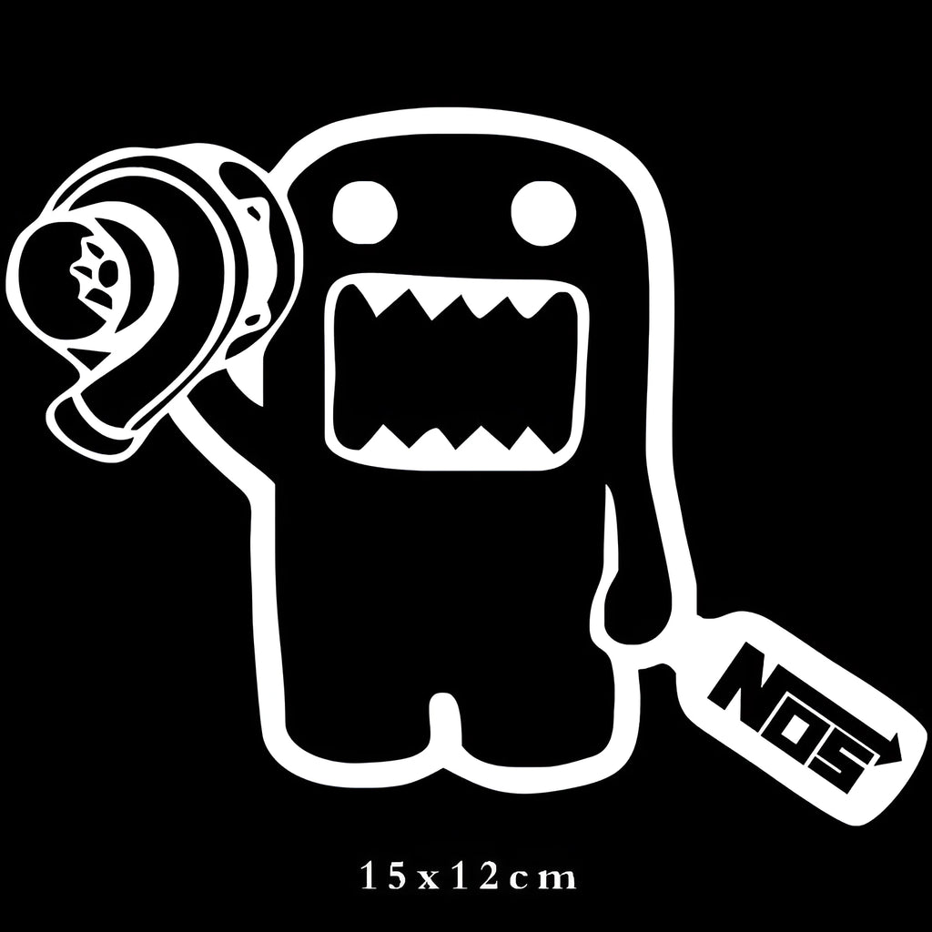 Black and white cartoon-style car sticker measuring 15cm by 12cm on a transparent background.