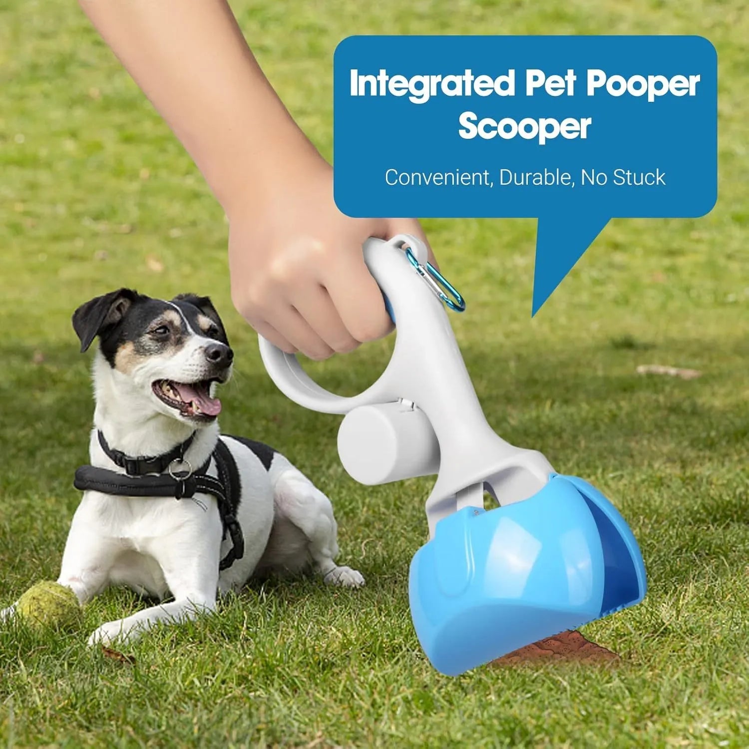 Black ABS plastic pet pooper scooper with integrated trash bag holder and top hook