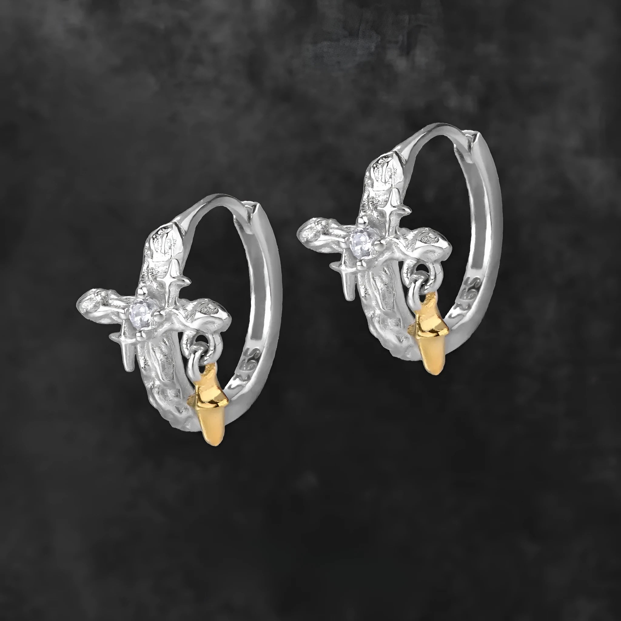 925 silver geometric cross earrings with white gold colour finish and rounded design elements