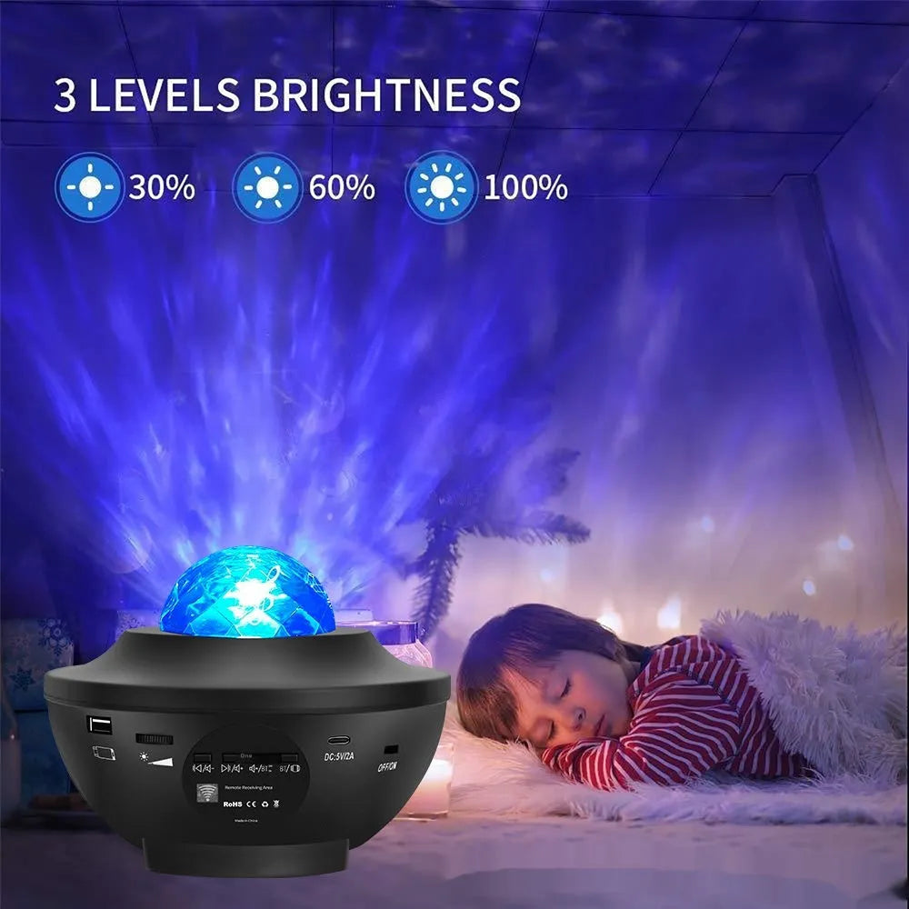 Black parallel style starry sky projection lamp with water ripple laser effects and remote control