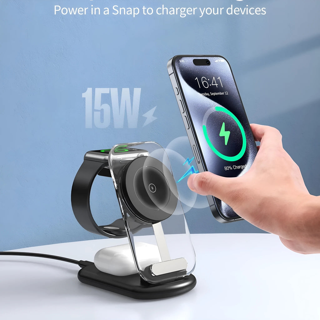 Transparent folding three-in-one wireless charger showing internal components