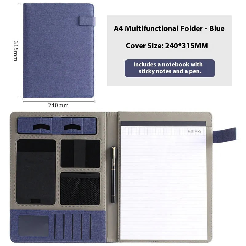 A4 leather business folder in black colour showing document storage and accessory features