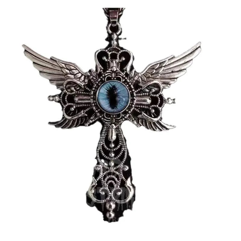 Creative devil wings and cross design alloy pendant necklace on a chain, shown in multiple colour options.