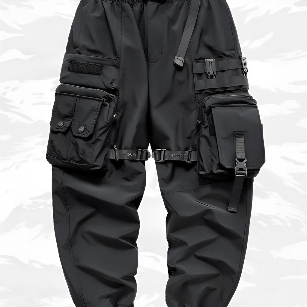 Men's black multi pocket cargo pants in polyester, loose fit, mid-waist style, on white background