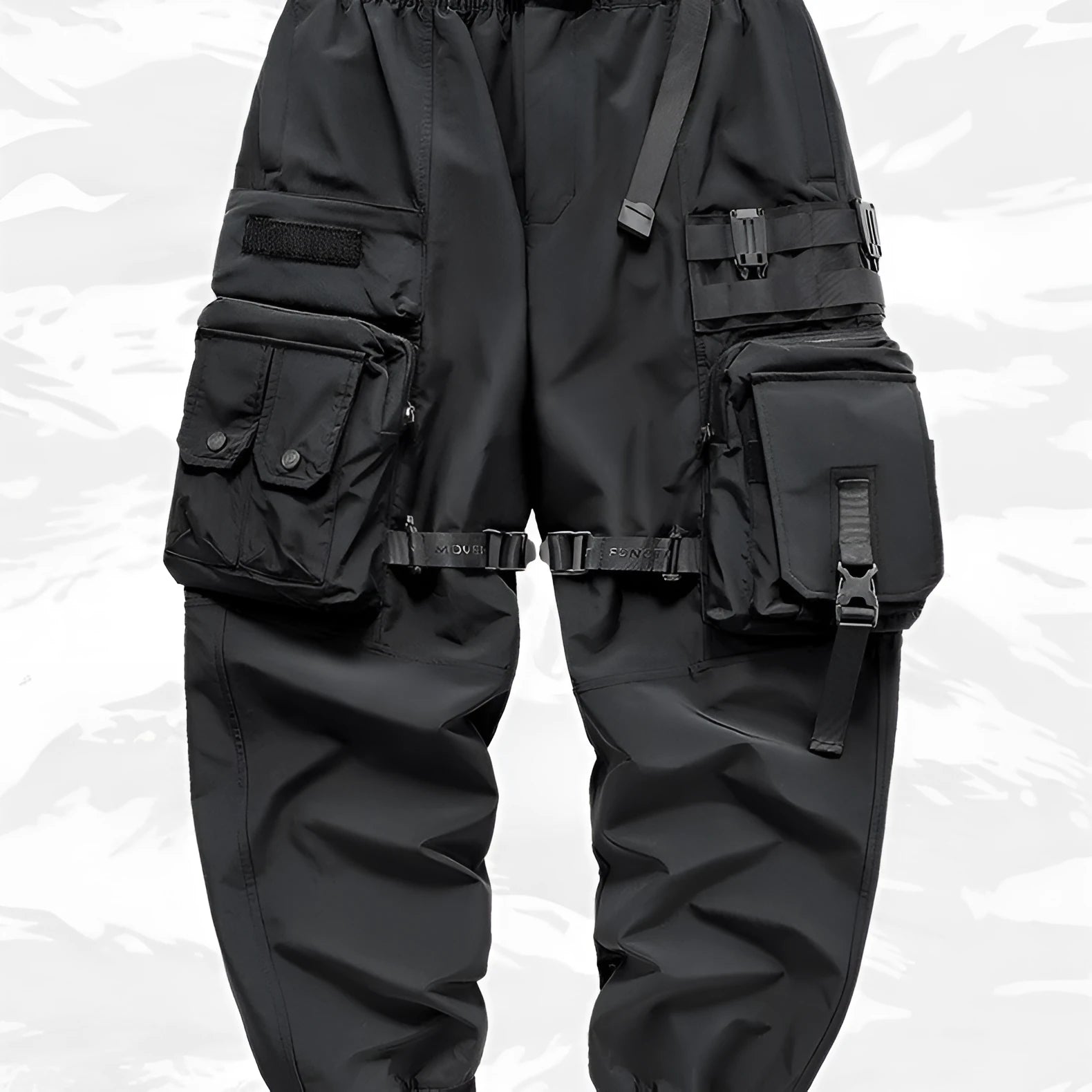 Men's black multi pocket cargo pants in polyester, loose fit, mid-waist style, on white background