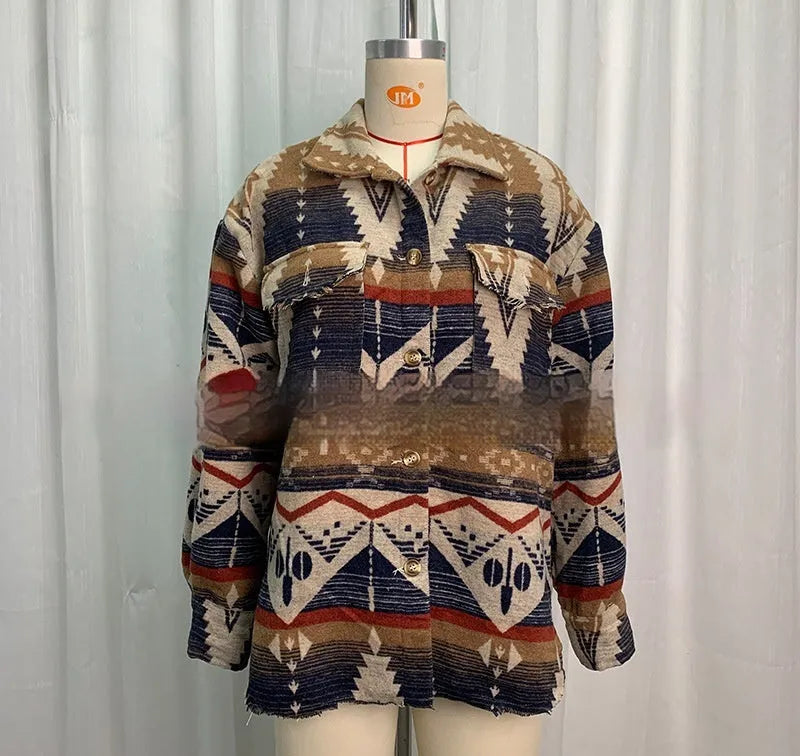 Women's Aztec printed retro jacket in woolen cotton blend fabric, showing sapphire blue colour option