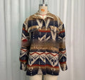 Women's Aztec printed retro jacket in woolen cotton blend fabric, showing sapphire blue colour option