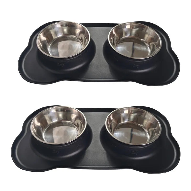 Large silicone double dog bowl with stainless steel inserts in blue colour
