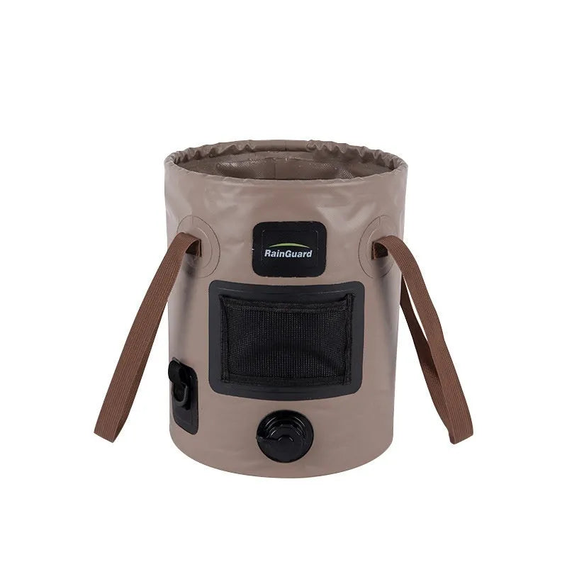 Portable folding fishing bucket in lemon yellow with optional mesh pocket showing 25 litre capacity