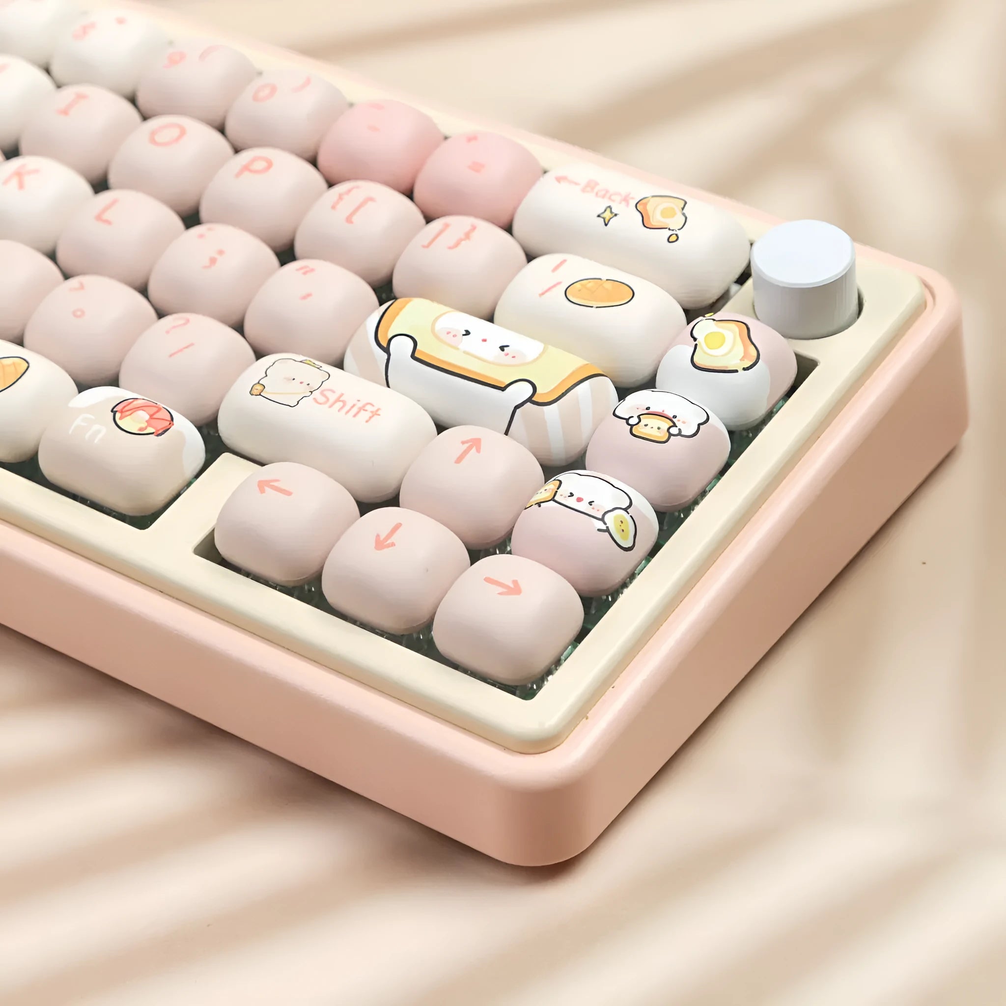 PBT mechanical keyboard keycap set with colourful bread bear cartoon design using thermal sublimation printing