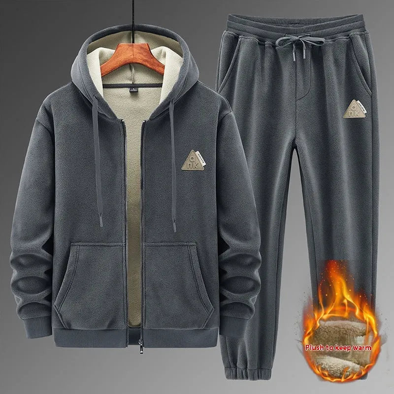 Men's grey polyester sports suit with hooded sweater and matching trousers