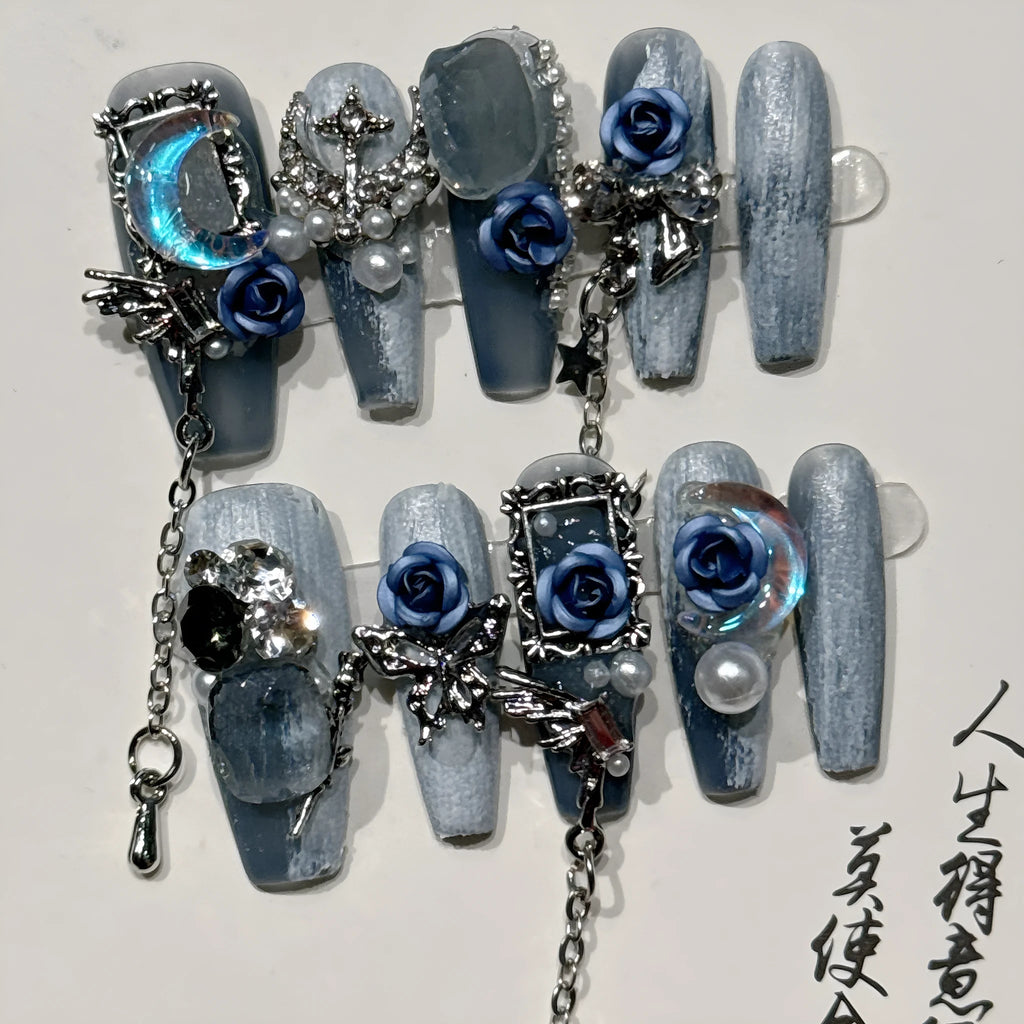 Heavy industry blue evening gloves with twinkling rose and tulip floral pattern showing full hand coverage