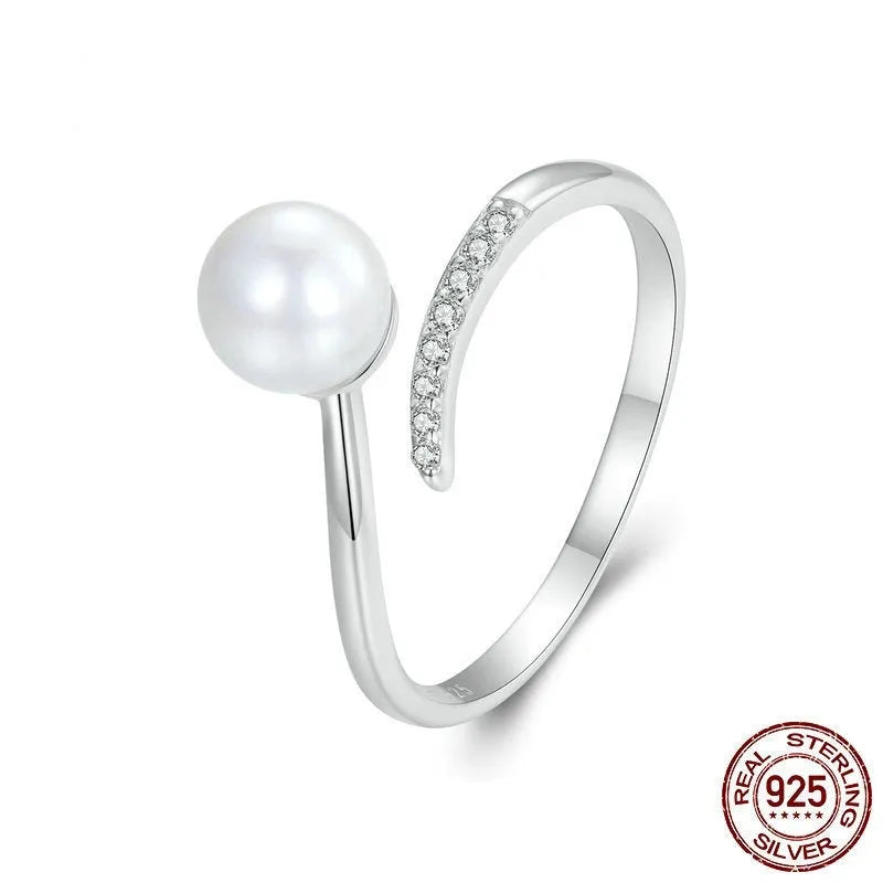 Adjustable S925 sterling silver ring with shell pearls design and open loop for flexible fit