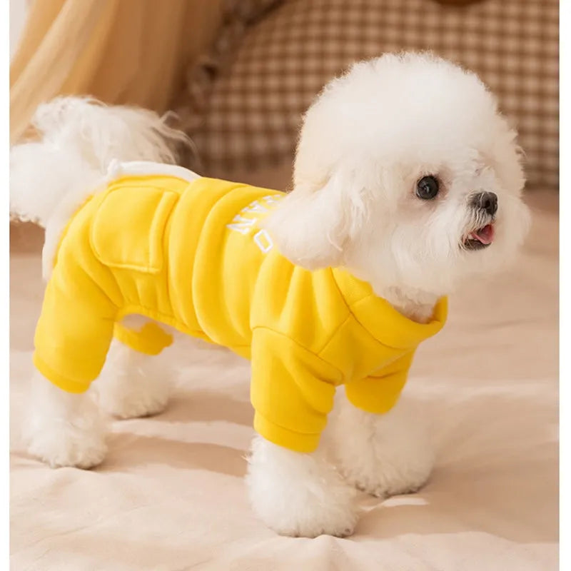 Green fleece puppy hoodie on a small dog, four-legged design with hood for autumn winter warmth