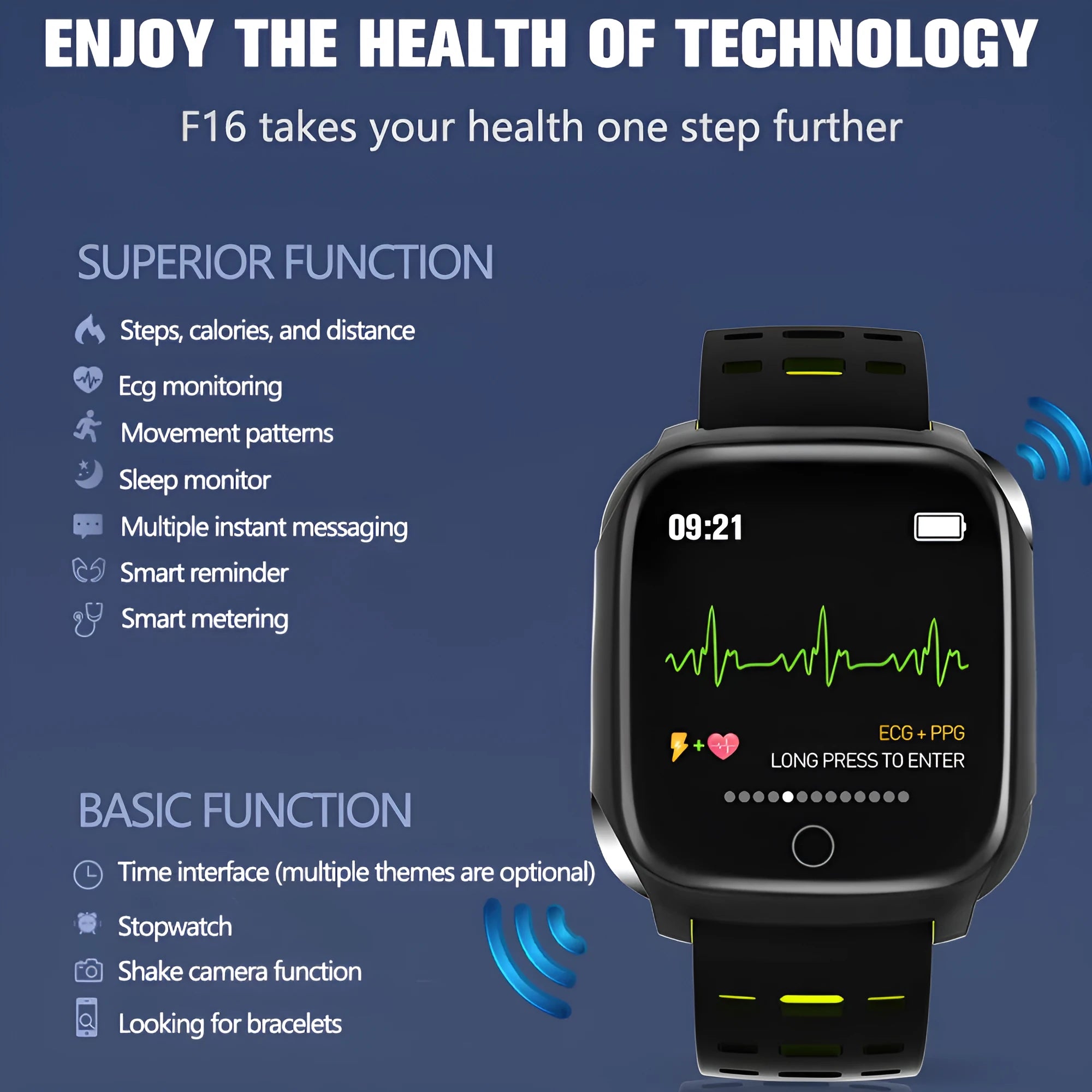 F16 Smart Watch with ECG monitoring on wrist showing black/green colour option with display visible