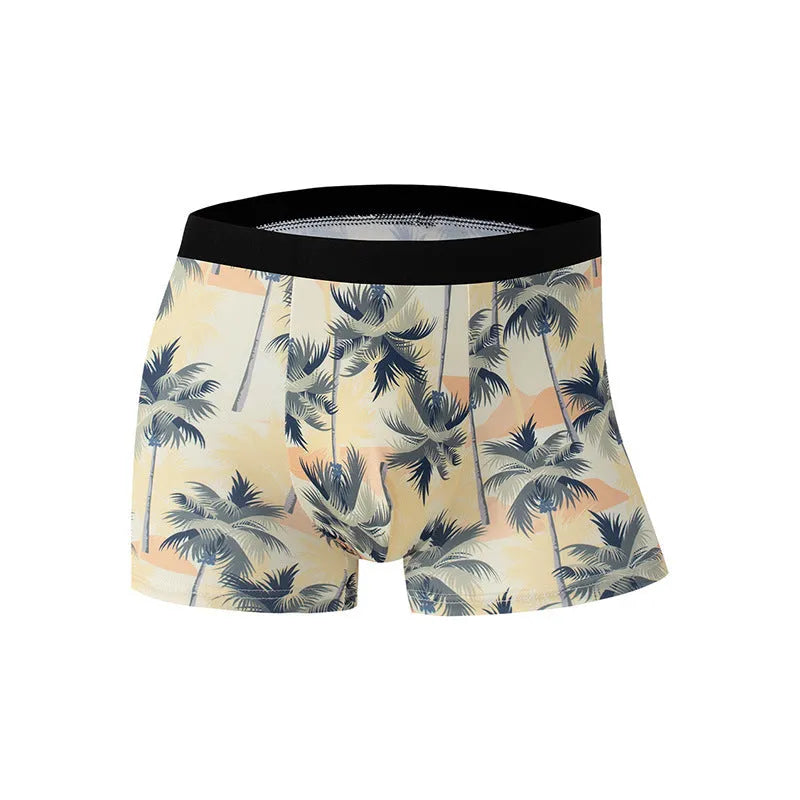 Men's ice silk polyester boxer shorts with printed pattern showing mid waist design