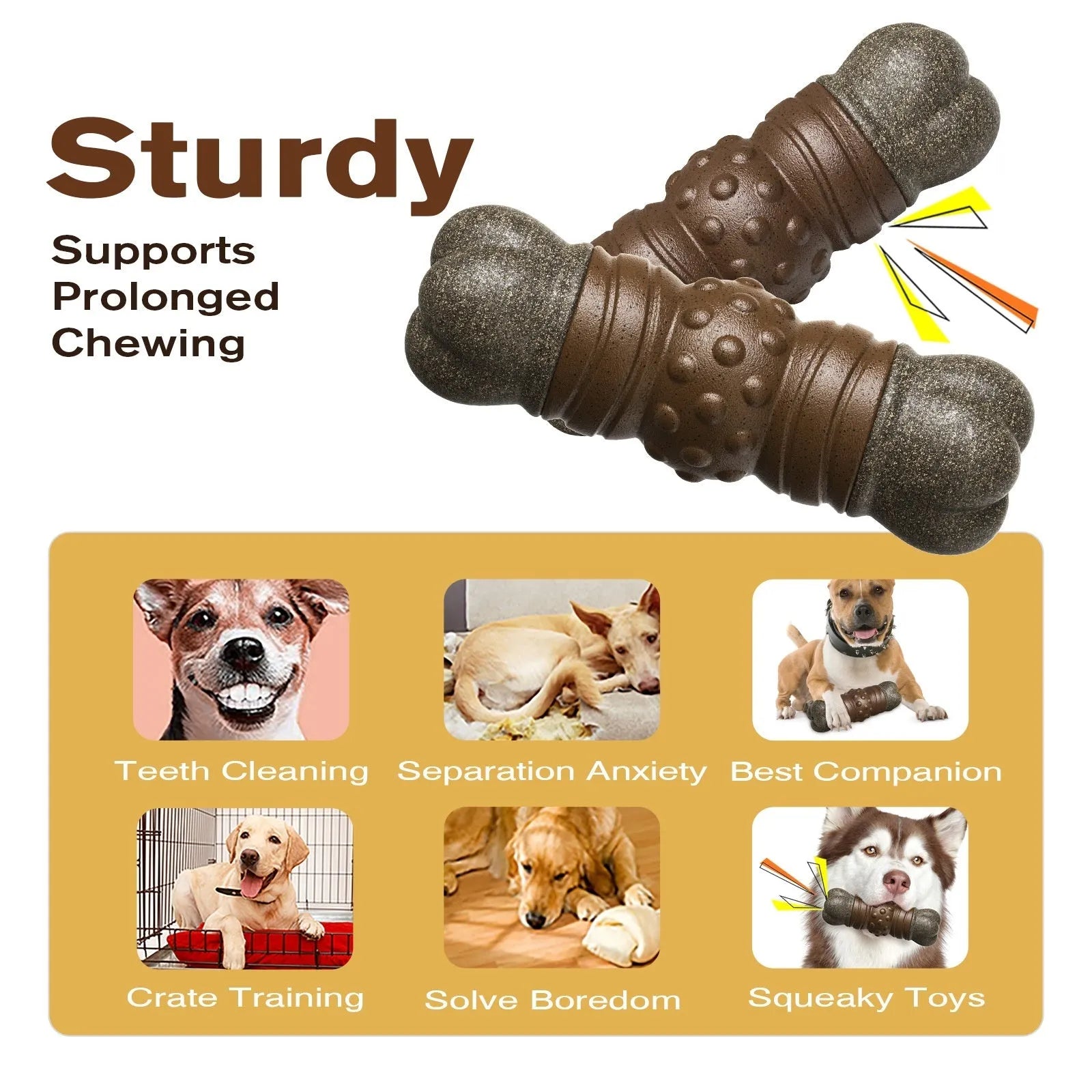 Wood colour plastic bone dog toy with molar rod toothbrush design for dental cleaning