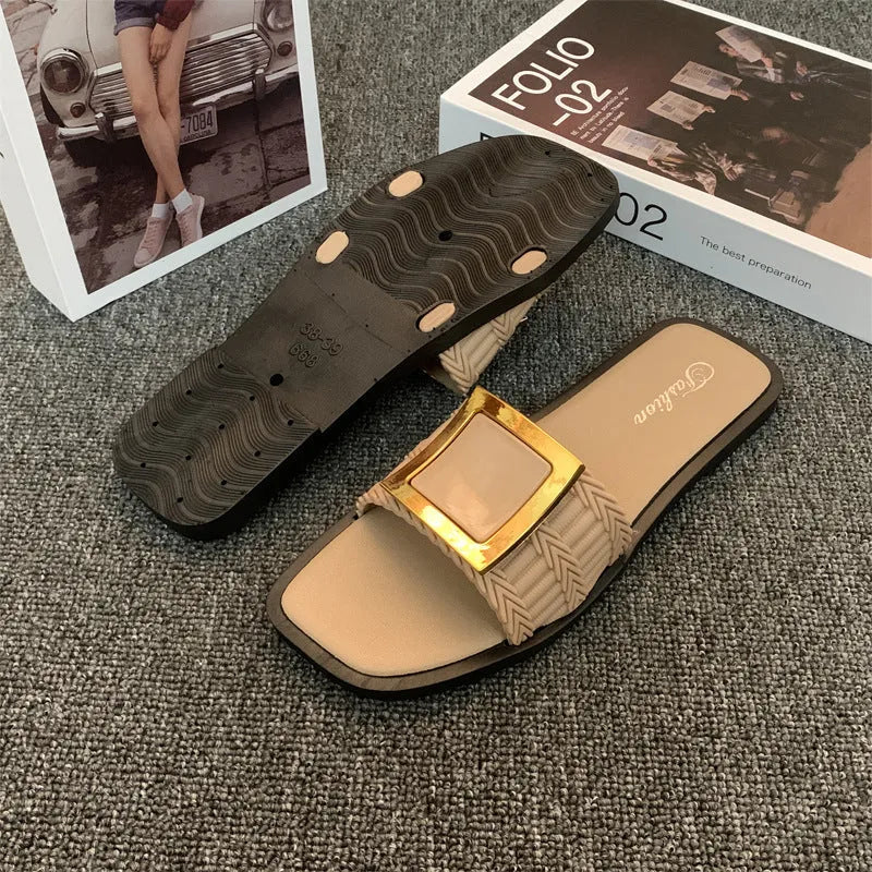 Women's apricot, black, and khaki coloured casual flat summer slippers with a waterproof PVC non-slip sole