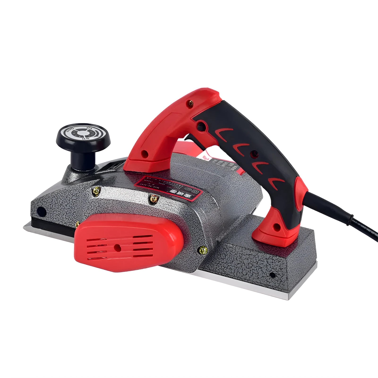 Red aluminium shell electric wood planer with 82mm cutting width on workbench