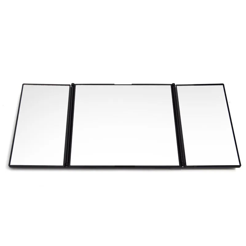 Silver car folding makeup mirror shown closed and open with dimensions 15.5x14cm and 30.5x14cm