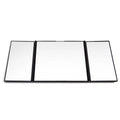 Silver car folding makeup mirror shown closed and open with dimensions 15.5x14cm and 30.5x14cm