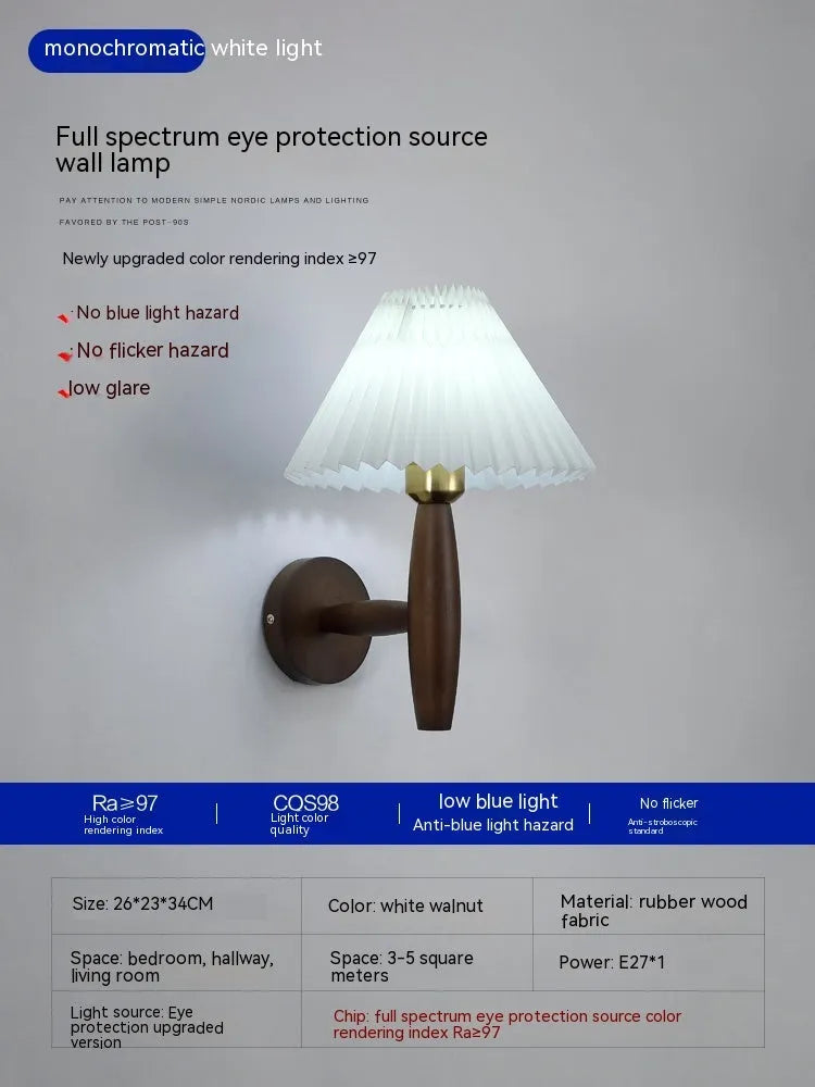 American retro-style walnut wood wall lamp with fabric shade and copper accents.