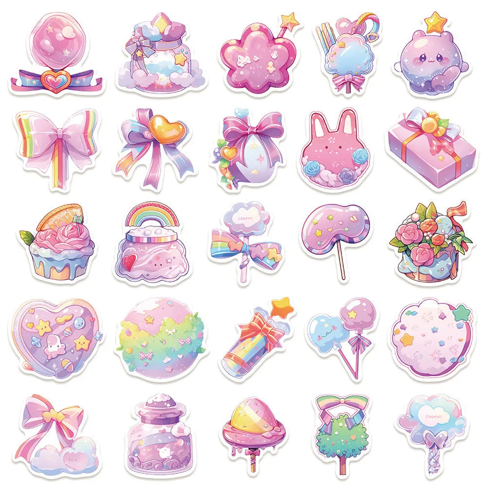 Pack of 50 colourful candy theme waterproof decorative stickers ranging from 4cm to 7cm for journal decoration