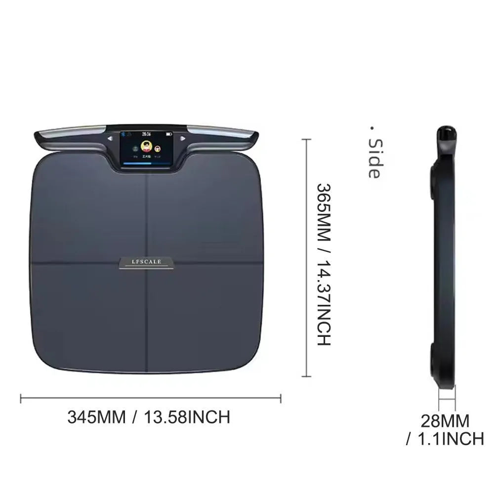 Black eight-electrode body fat scale measuring 45cm with weight, fat, moisture and calorie tracking