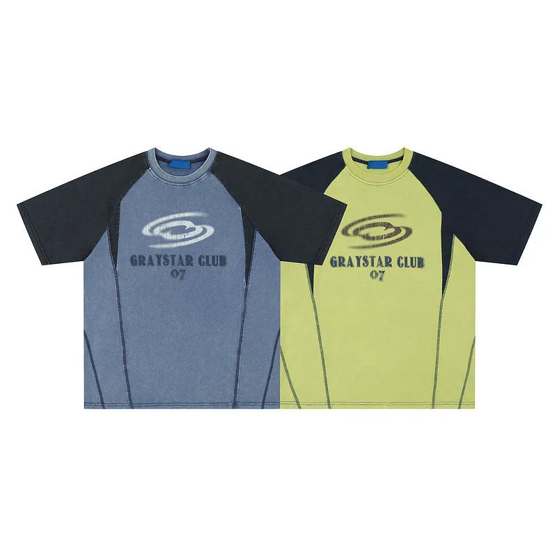 Men's blue hip hop letter print raglan sleeve cotton T-shirt laid flat.