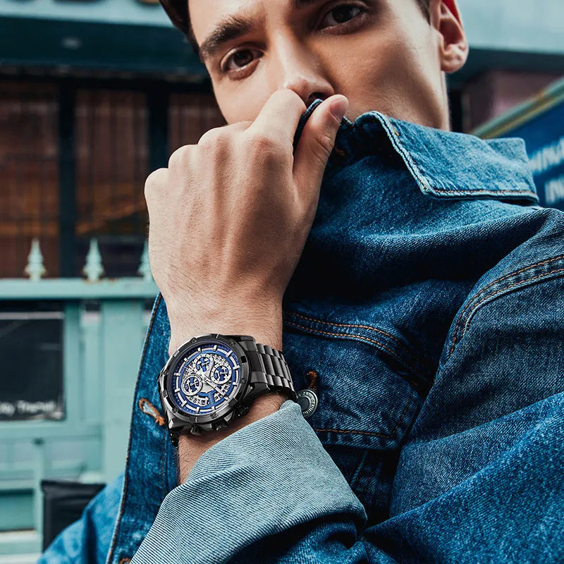 Men's waterproof luminous quartz watch with steel belt in three colour options