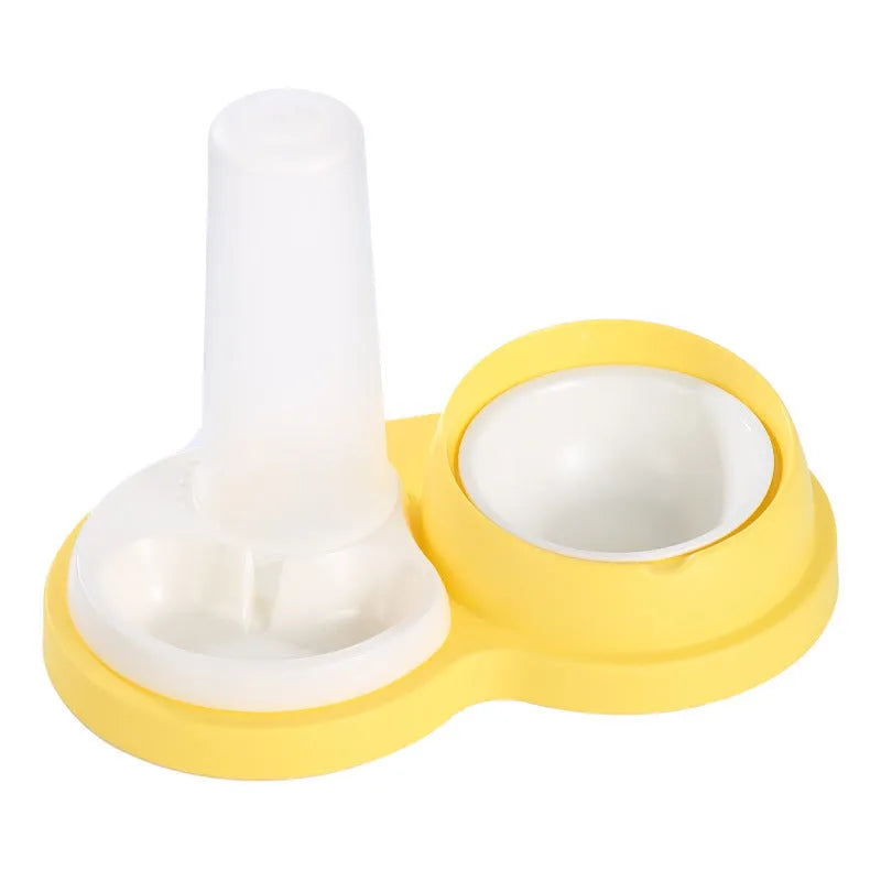 Grey and yellow dual-bowl pet feeder with stainless steel bowl for cats and dogs.