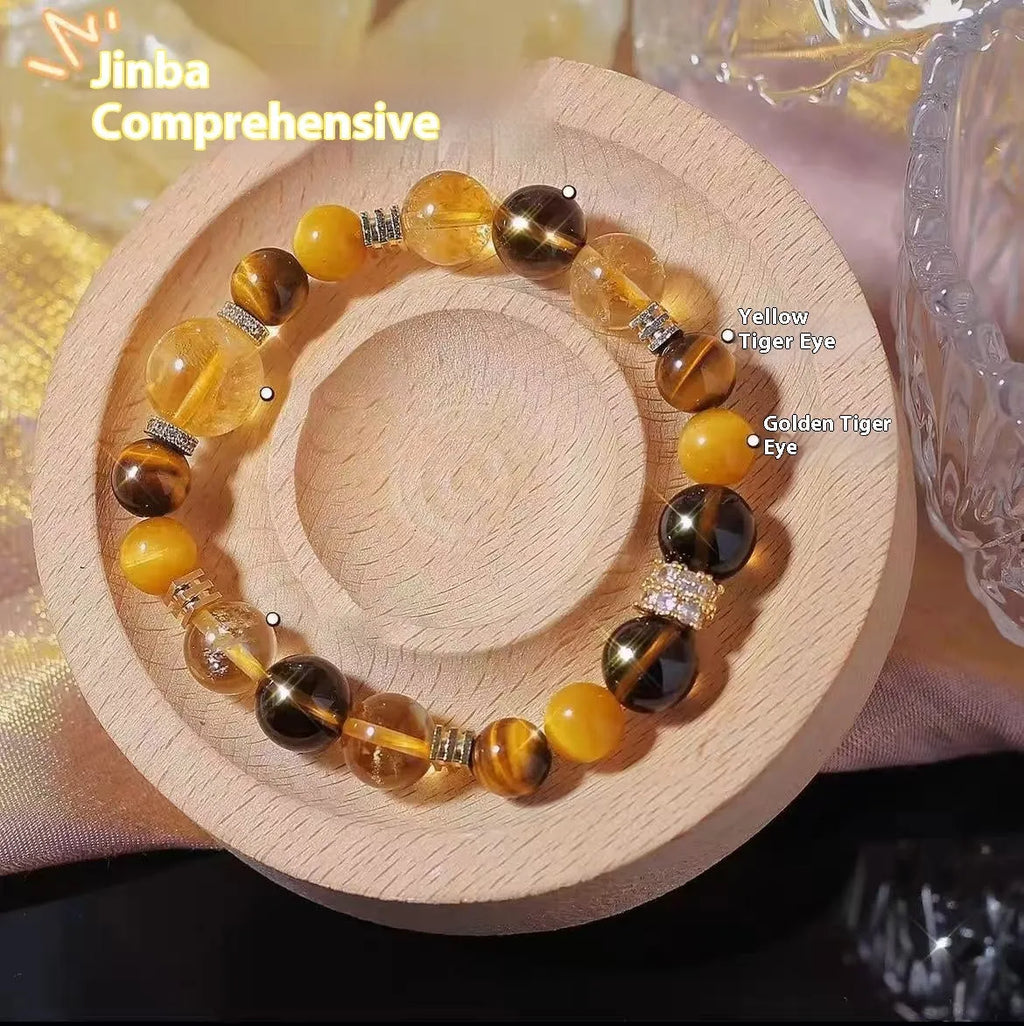 Close-up of a natural yellow artificial crystal string bead bracelet with 10mm tower-shaped beads.