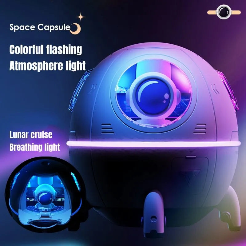 Purple portable desktop humidifier with USB cable and colourful LED light on wooden desk