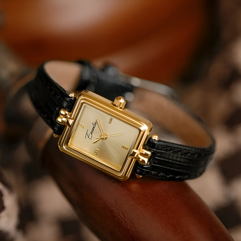 Women's retro special interest light luxury small square watch with black leather strap and gold frame