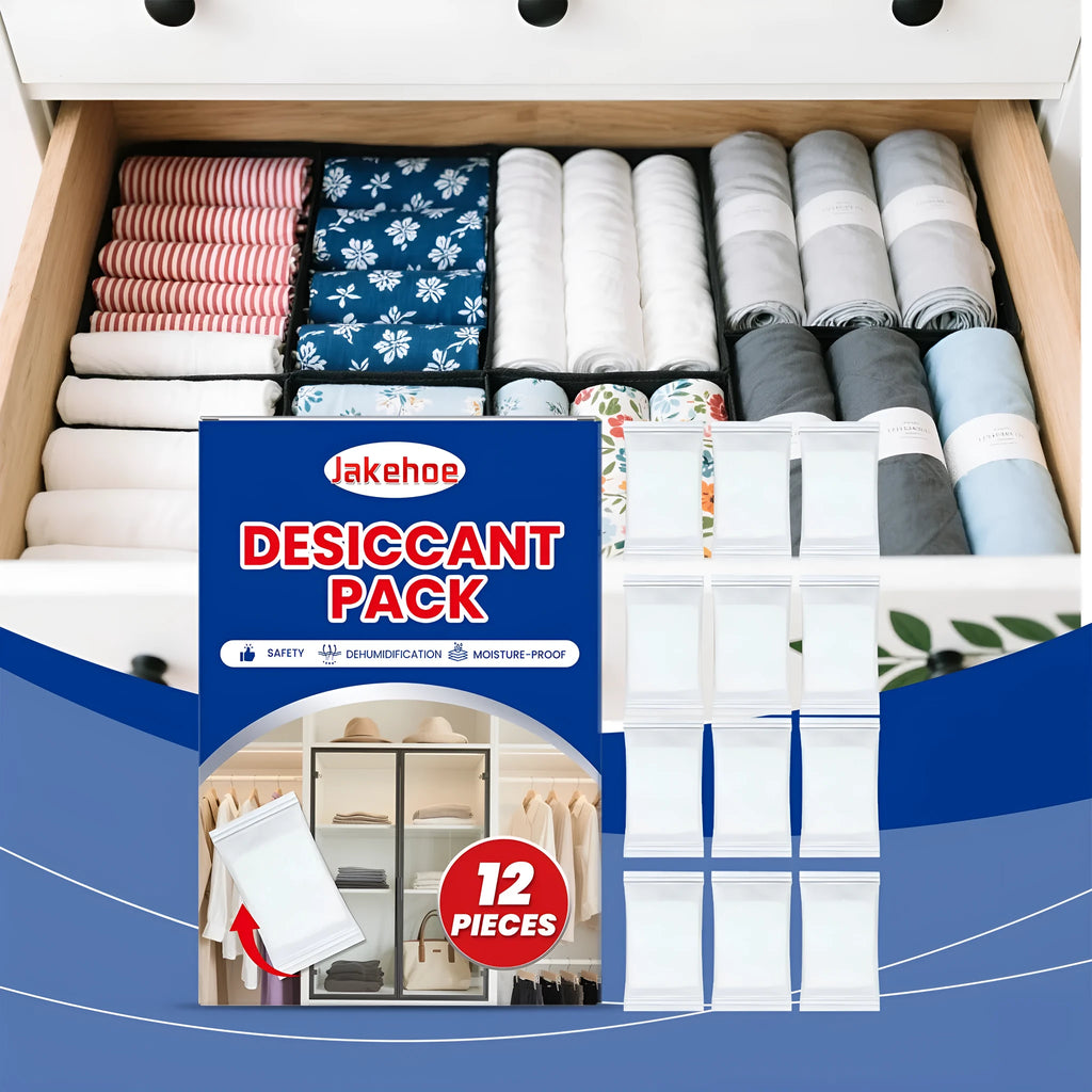 Pack of twelve white calcium chloride desiccant packets for household moisture and odour control.