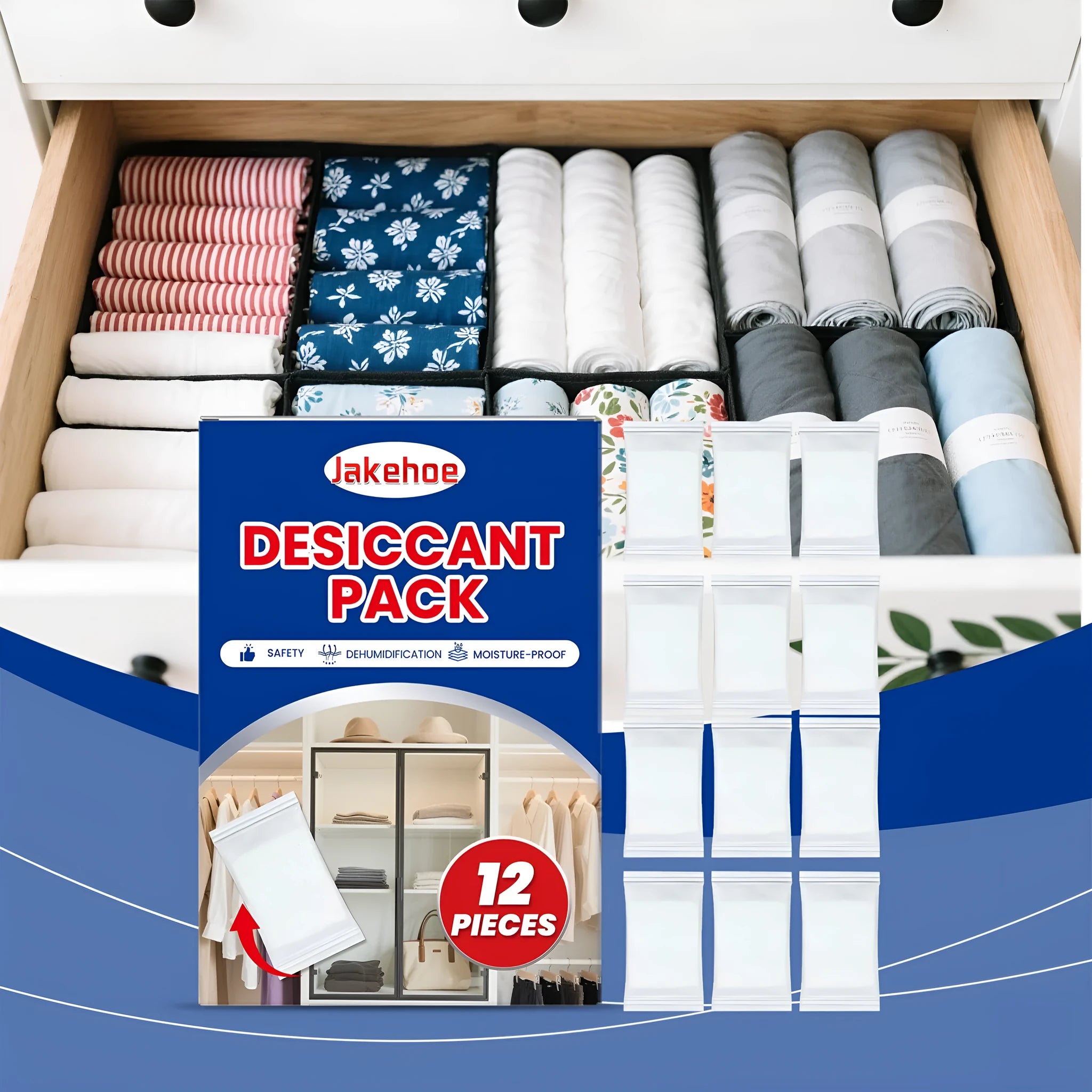 Pack of twelve white calcium chloride desiccant packets for household moisture and odour control.