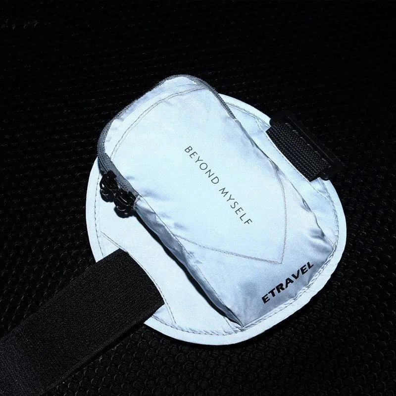 Reflective running arm bag in black colour with 7-inch capacity for outdoor sports