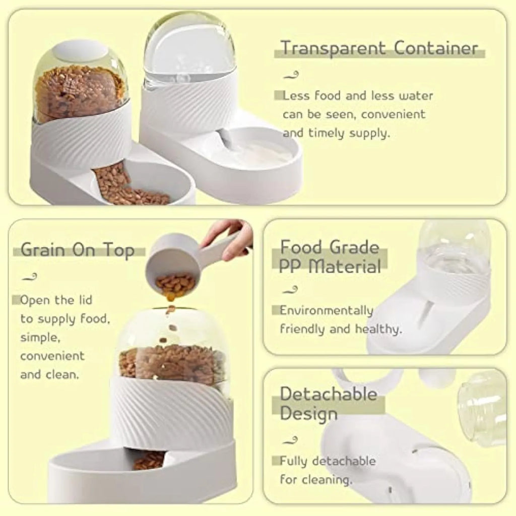 White automatic cat feeder and water dispenser set with wavy design, each bowl 33.5 cm long.