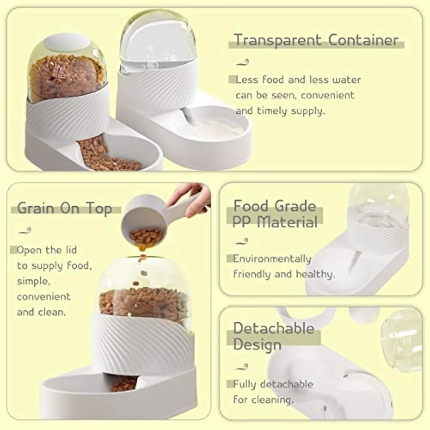 White automatic cat feeder and water dispenser set with wavy design, each bowl 33.5 cm long.