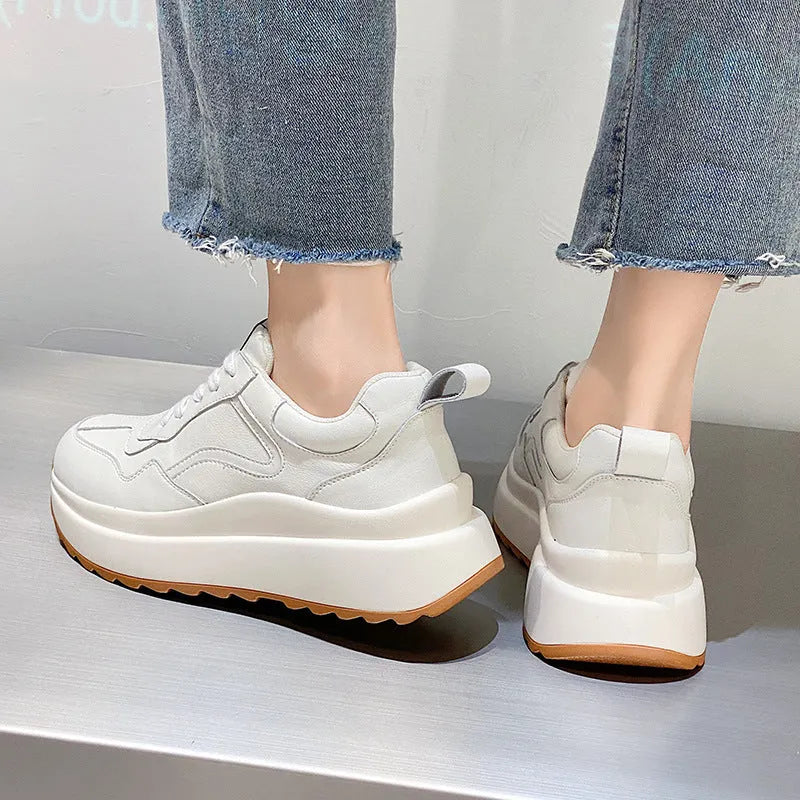 Women's white cowhide leather casual sports shoes with lace-up front and cross strap detail