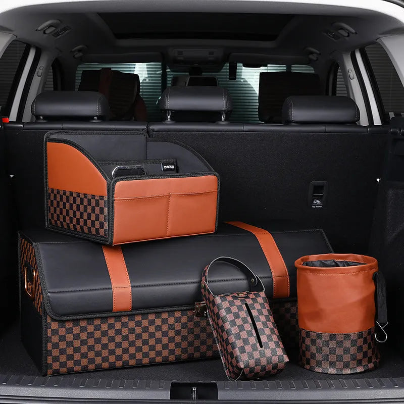 Leather retractable car trash can with handle shown in folded and open positions