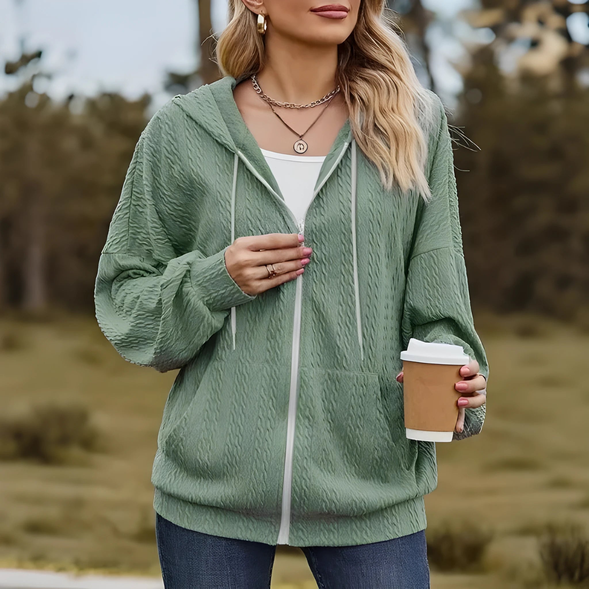 Green women's hooded sweater coat with zip-front closure and loose casual fit