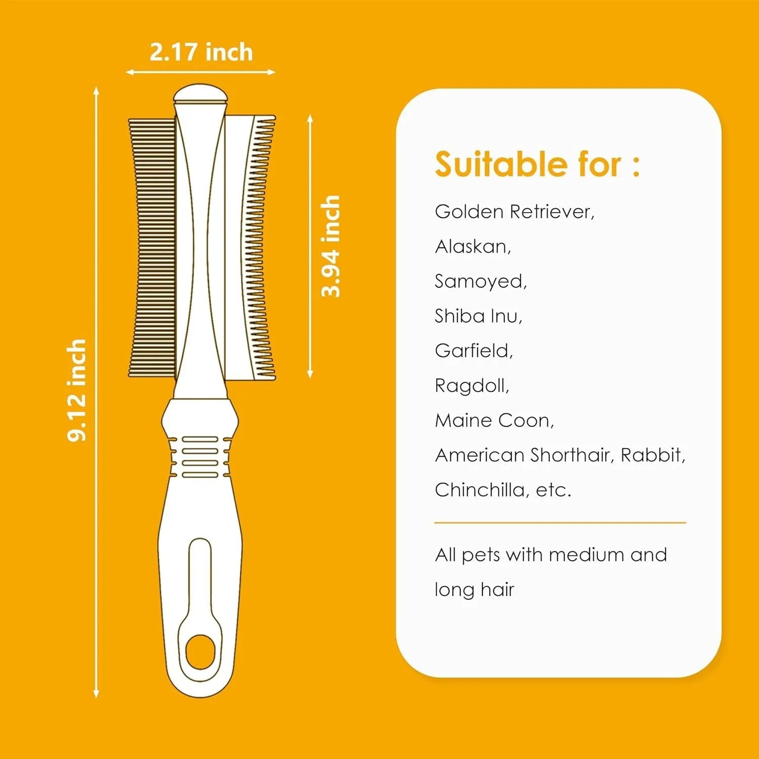 White 2-in-1 pet grooming brush showing comb side and deshedding blade side.