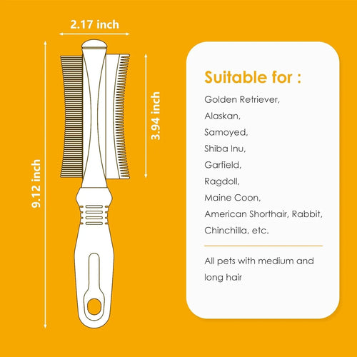 White 2-in-1 pet grooming brush showing comb side and deshedding blade side.