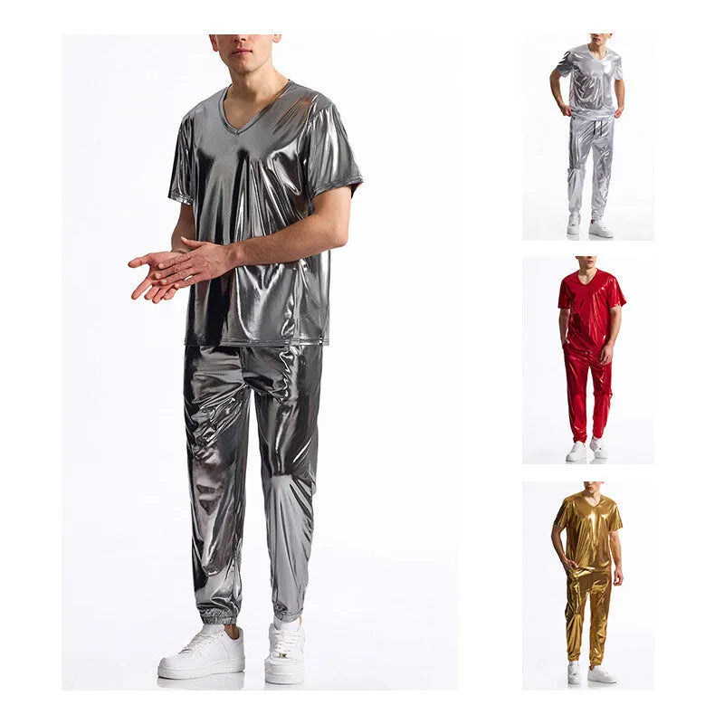 Men's bright surface bronzing disco suit with rabbit fur fabric, short sleeve t-shirt and shorts in silver colour