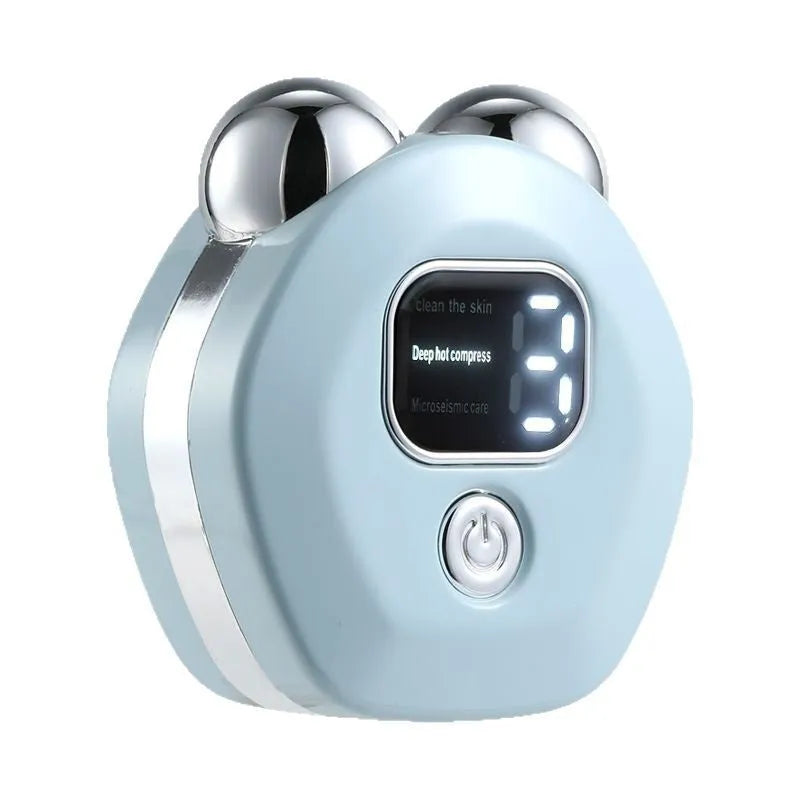 Portable hot compress charging massage instrument with micro current double-roller in white, light blue or pink