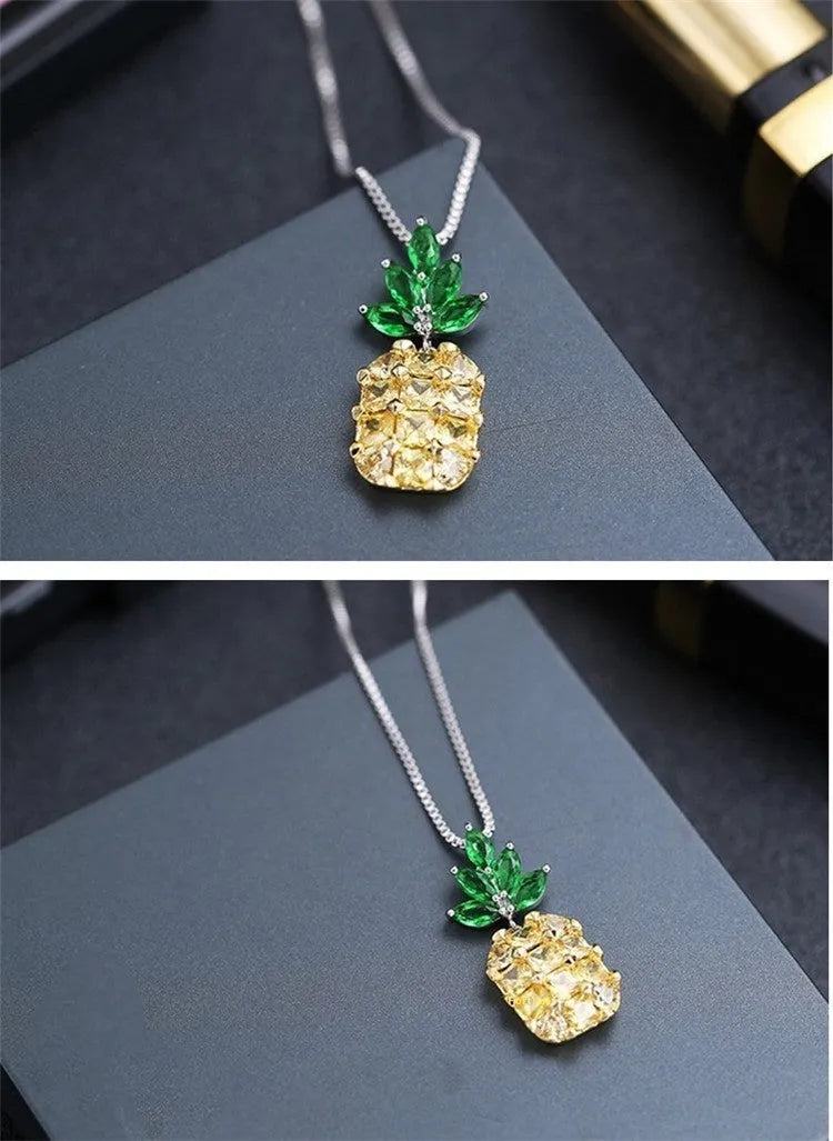 Silver plated pineapple fruit necklace with diamond accents and geometric Korean fashion design