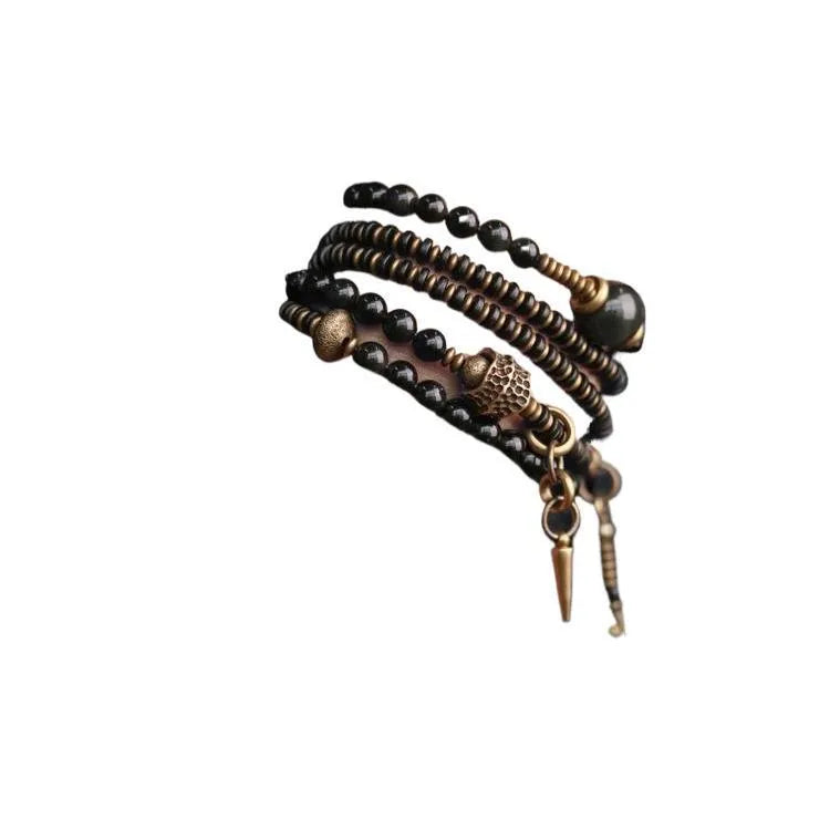 Black geometric layered bead bracelet with retro colourful design elements