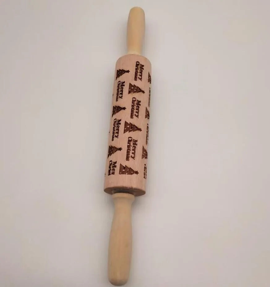 Wooden Christmas embossing rolling pin with snowflake and reindeer patterns on dough, 45x5x5cm natural wood non-stick surface