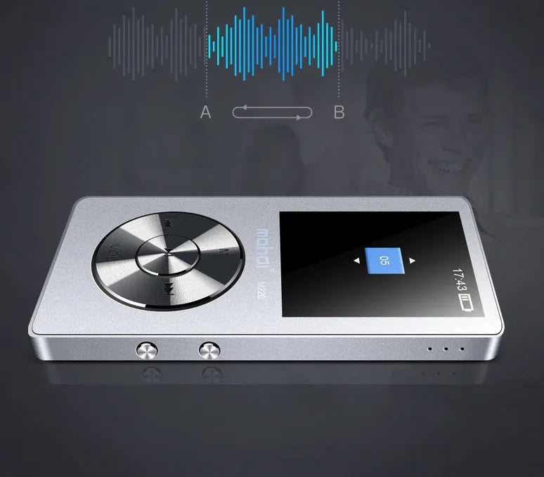 Portable gold metallic MP3 music player with a 1.8-inch colour screen and key-based controls.